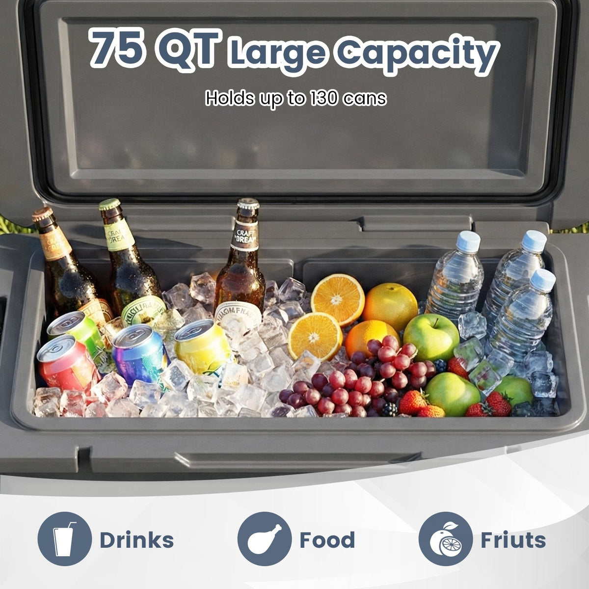 75 Quart Portable Hard Cooler with 6-Day Ice Retention and Wheels-Gray view 6
