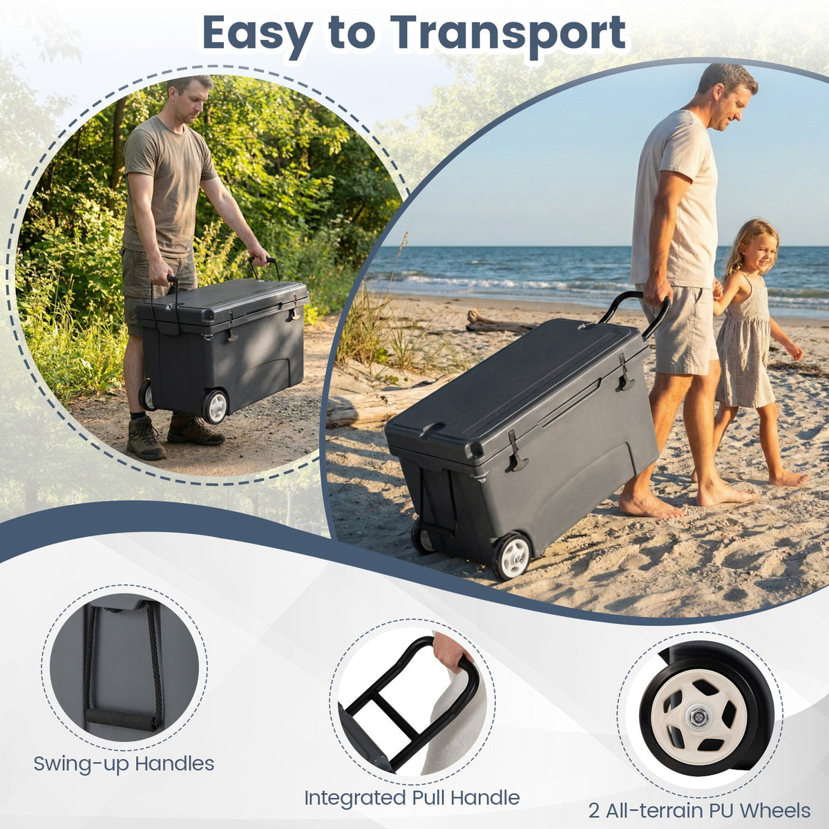 75 Quart Portable Hard Cooler with 6-Day Ice Retention and Wheels-Gray view 7