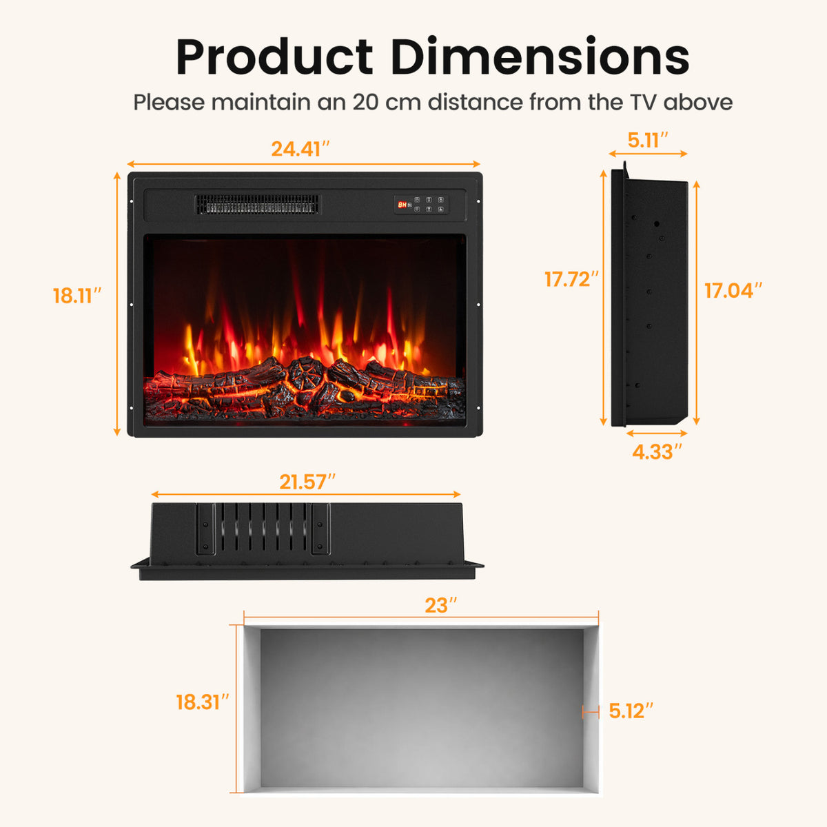 750/1500W Electric Fireplace Insert with Low Noise and Remote Control-23 inches view 4