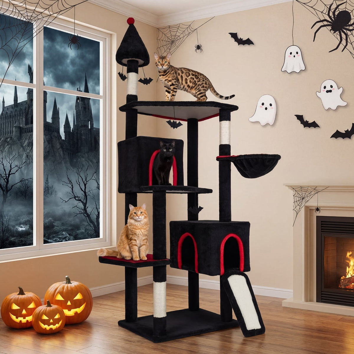 75 Inch Gothic Cat Tree with 2 Condos and Top Perch for Large Cats 20+ LBS-Black view 2