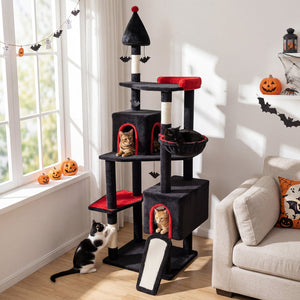 75 Inch Gothic Cat Tree with 2 Condos and Top Perch for Large Cats 20+ LBS-Black view 3