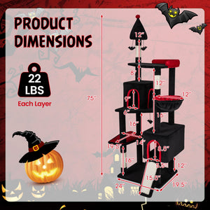 75 Inch Gothic Cat Tree with 2 Condos and Top Perch for Large Cats 20+ LBS-Black view 4