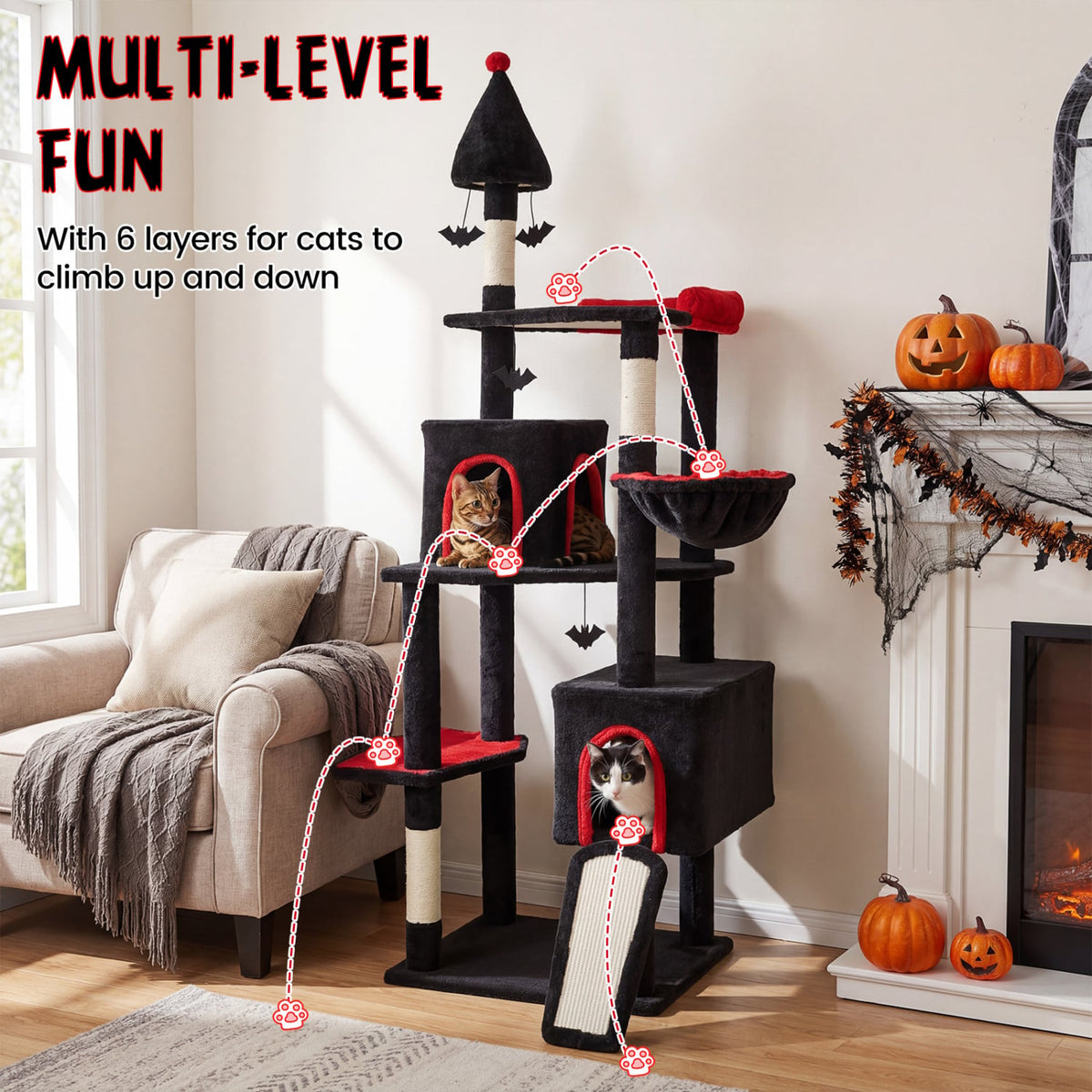 75 Inch Gothic Cat Tree with 2 Condos and Top Perch for Large Cats 20+ LBS-Black view 5