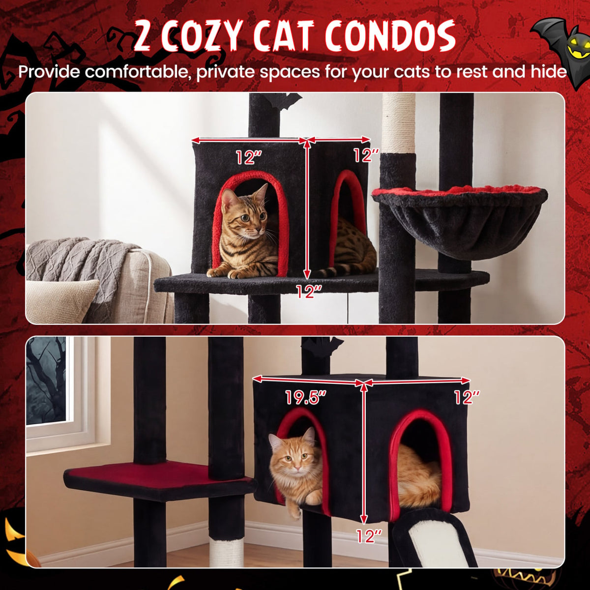 75 Inch Gothic Cat Tree with 2 Condos and Top Perch for Large Cats 20+ LBS-Black view 6