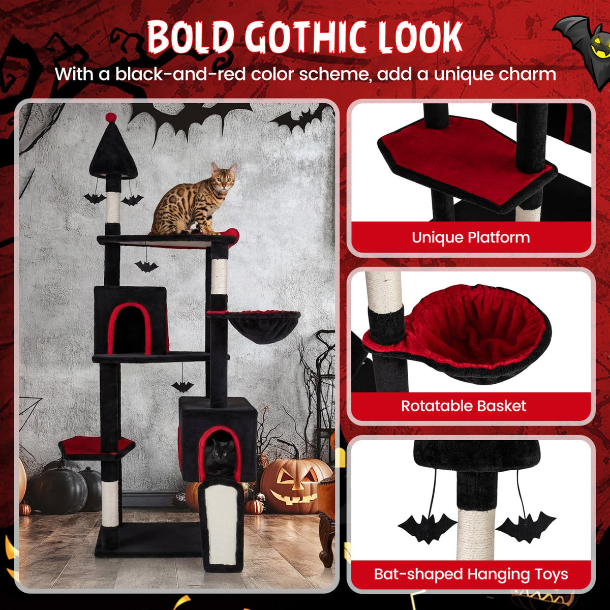 75 Inch Gothic Cat Tree with 2 Condos and Top Perch for Large Cats 20+ LBS-Black view 8