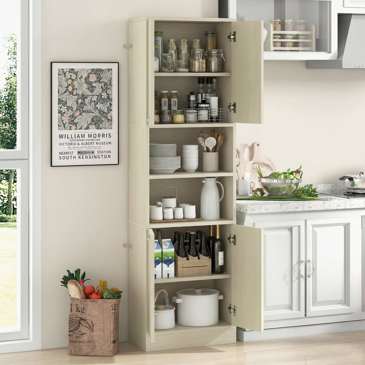 75 Inch Kitchen Pantry Cabinet Tall Cupboard with Doors and Shelves-Beige view 2