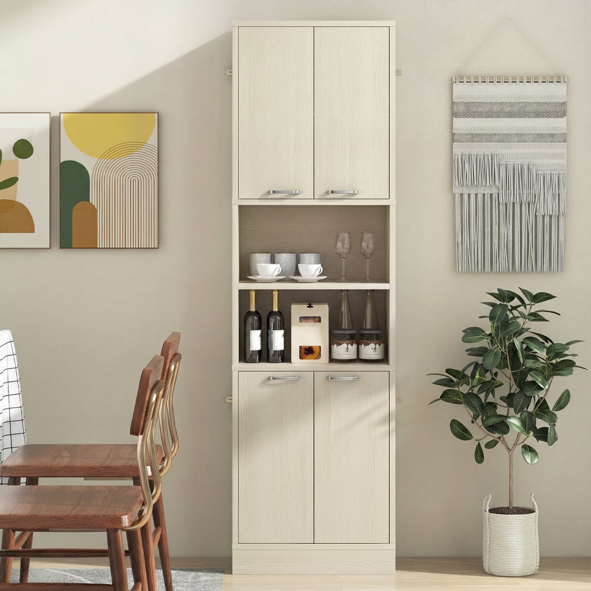 75 Inch Kitchen Pantry Cabinet Tall Cupboard with Doors and Shelves-Beige view 3