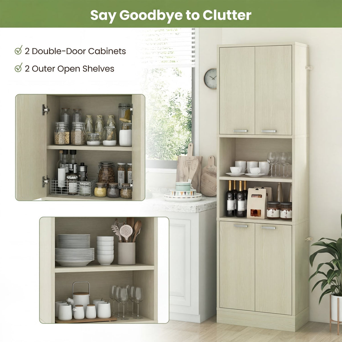 75 Inch Kitchen Pantry Cabinet Tall Cupboard with Doors and Shelves-Beige view 7