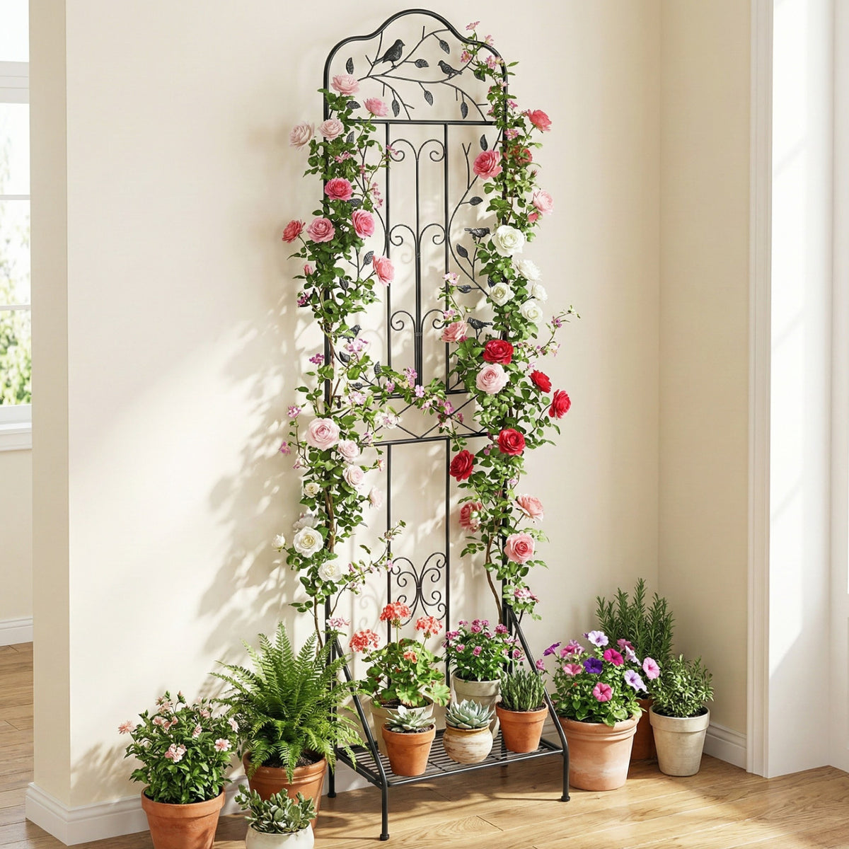 75 x 20 Inch Outdoor Metal Garden Trellis with Foldable Bottom Shelf-Black view 3