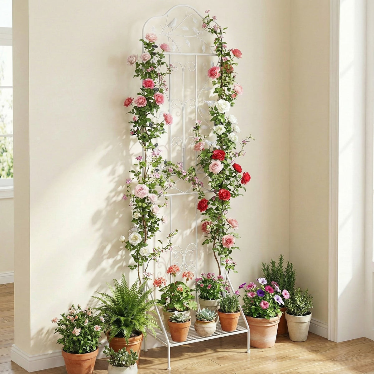 75 x 20 Inch Outdoor Metal Garden Trellis with Foldable Bottom Shelf-White view 2