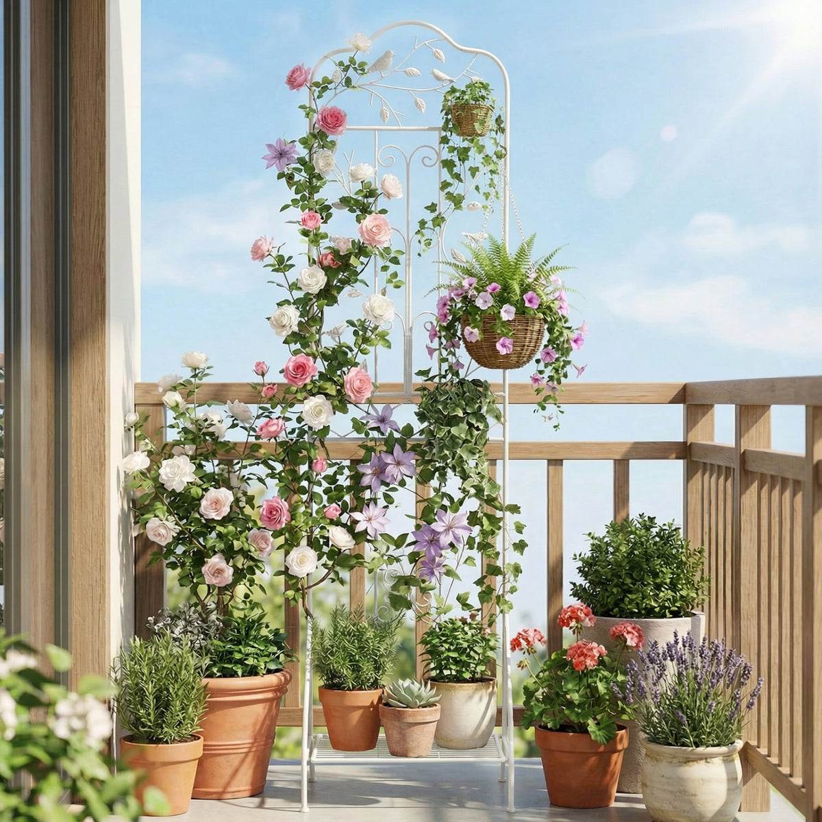 75 x 20 Inch Outdoor Metal Garden Trellis with Foldable Bottom Shelf-White view 3