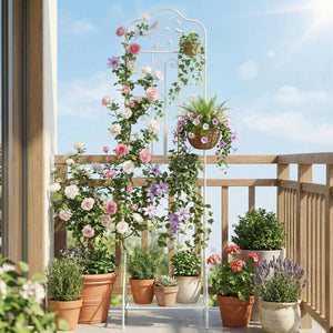 75 x 20 Inch Outdoor Metal Garden Trellis with Foldable Bottom Shelf-White view 3