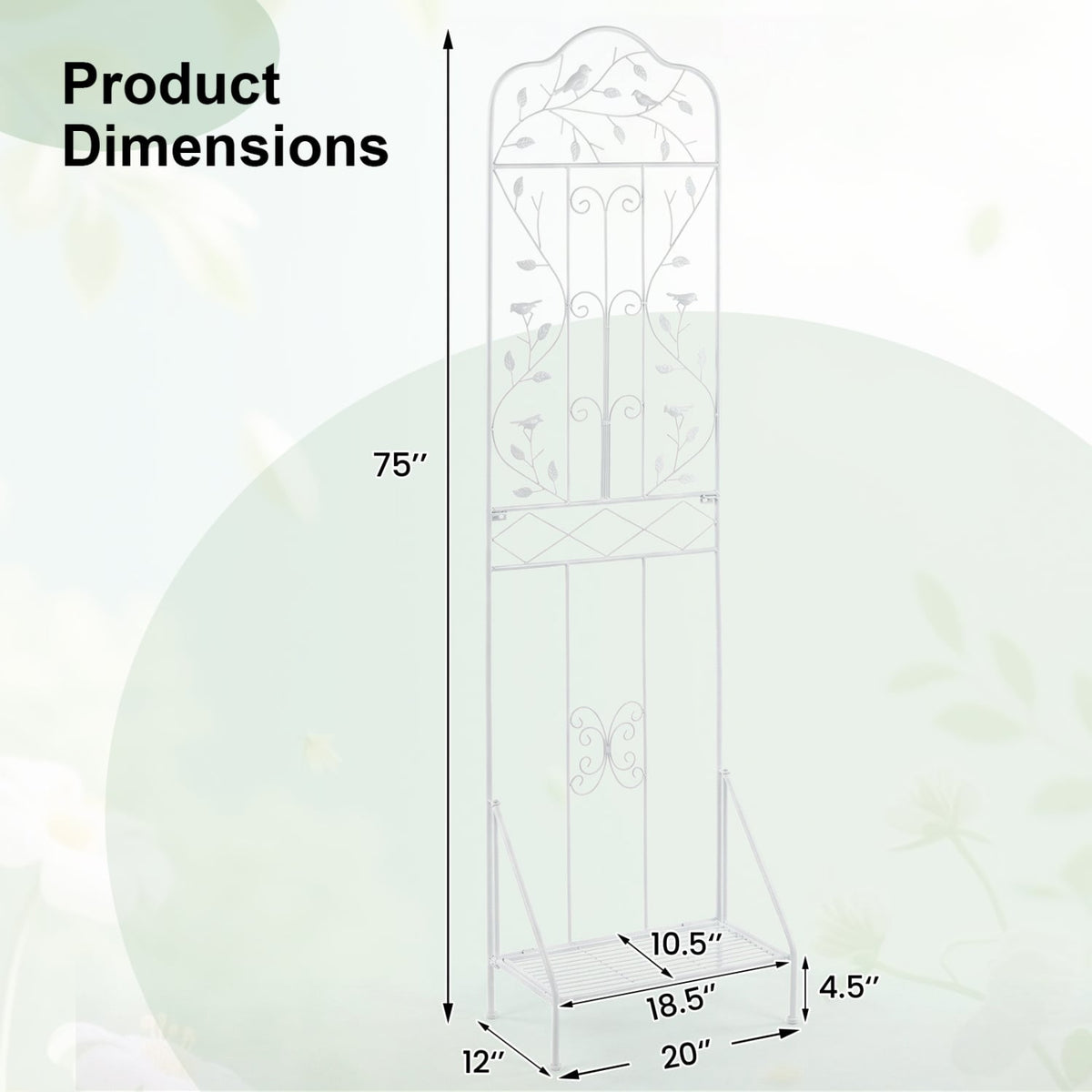 75 x 20 Inch Outdoor Metal Garden Trellis with Foldable Bottom Shelf-White view 5