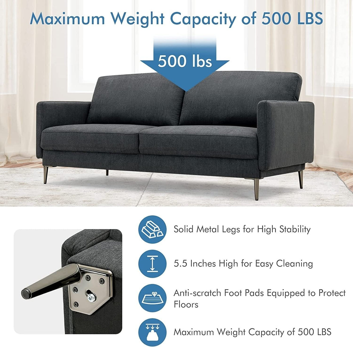 Modern Loveseat with Comfy Backrest Cushions-Gray view 5