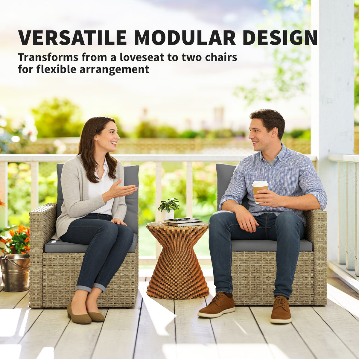 Wicker Outdoor Sofa with Side Trays, Rattan Patio Loveseat with Cushions for Garden Balcony, Light Grey