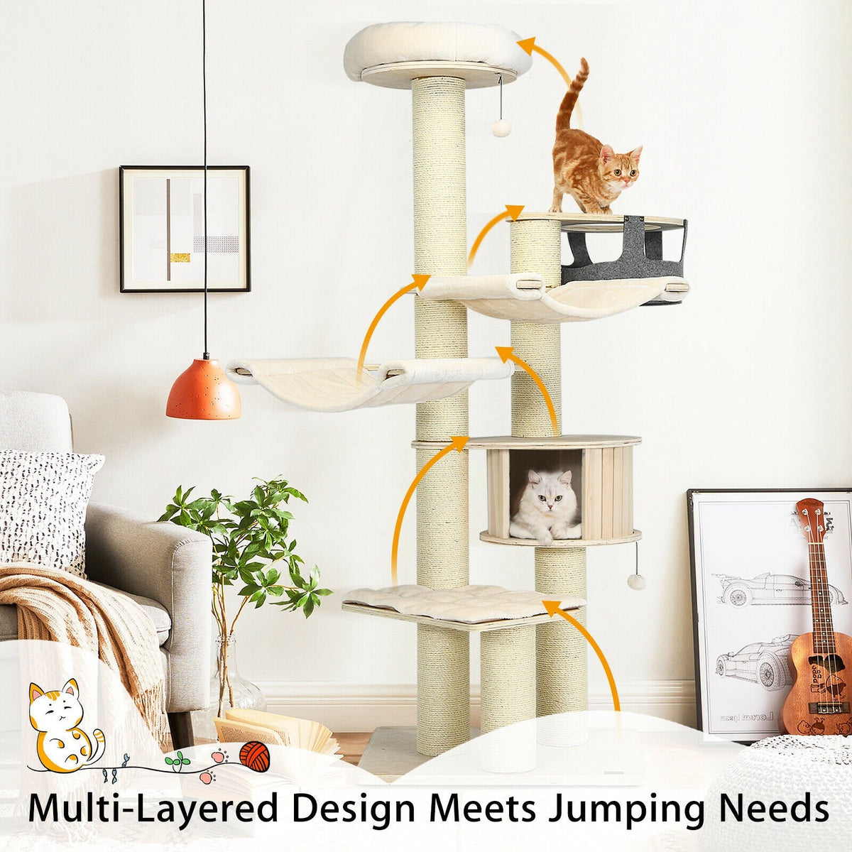 77.5-Inch Cat Tree Condo Multi-Level Kitten Activity Tower with Sisal Posts-Cream White view 6