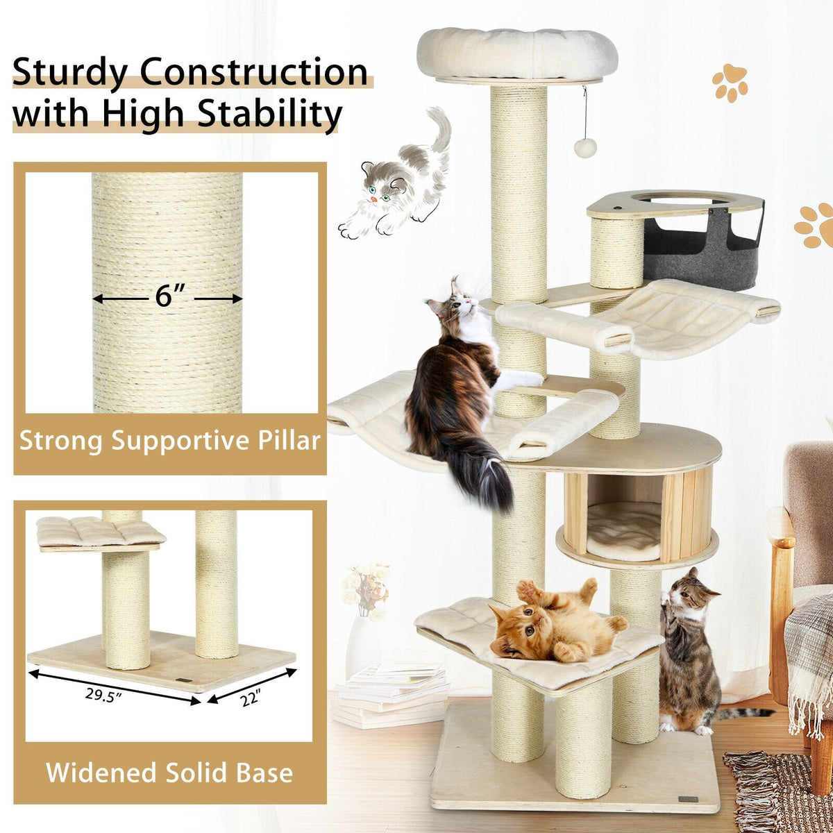 77.5-Inch Cat Tree Condo Multi-Level Kitten Activity Tower with Sisal Posts-Cream White view 8