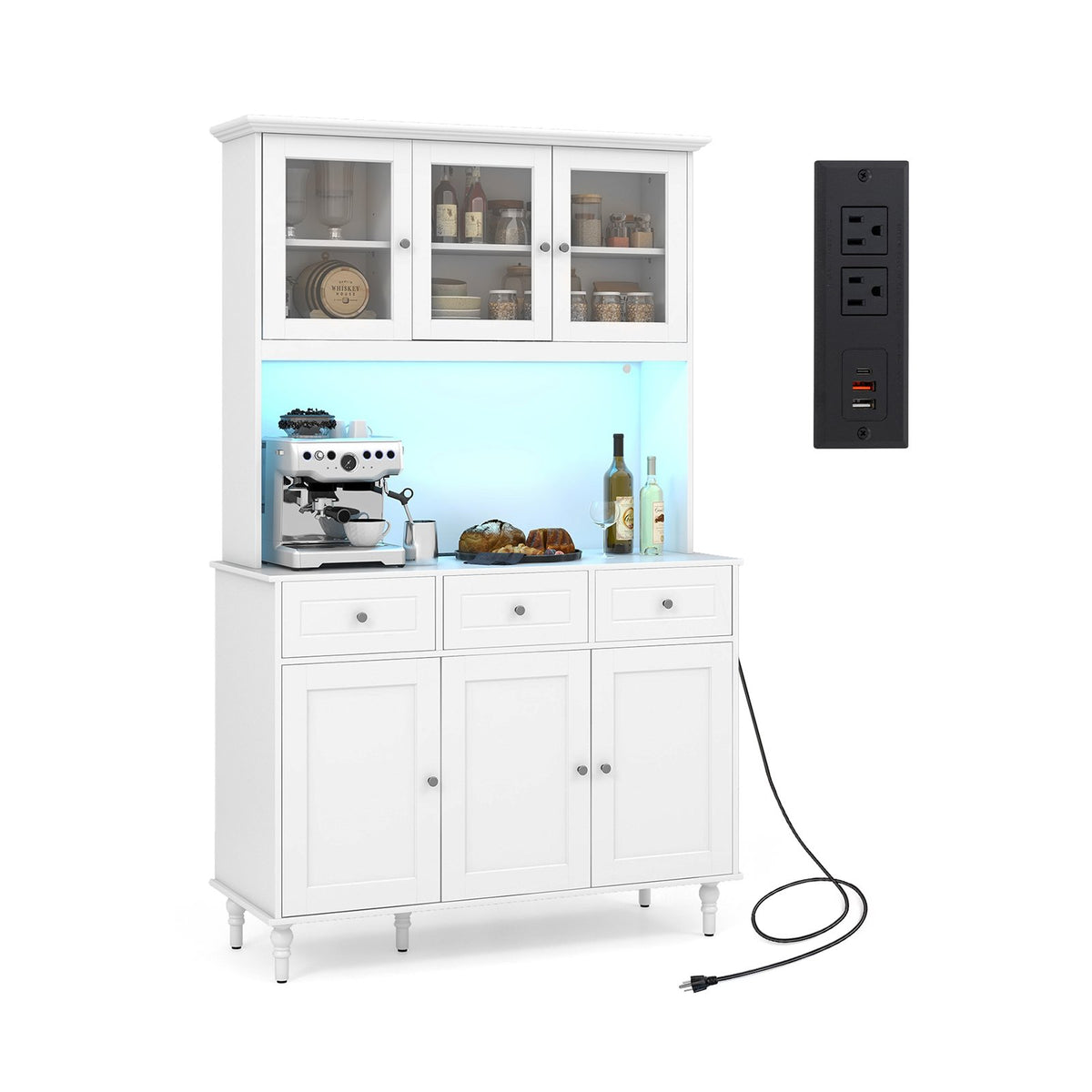 77 Inches Kitchen Pantry Storage Cabinet with LED Lights and Power Outlets-White view 3