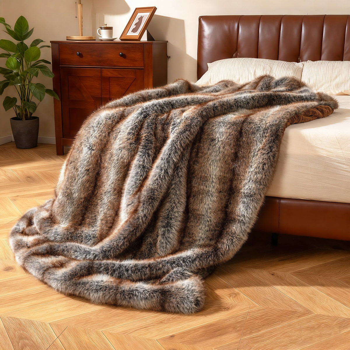 780GSM Soft Plush Fuzzy Luxury Faux Fox Fur Blanket for Sofa-Brown view 7