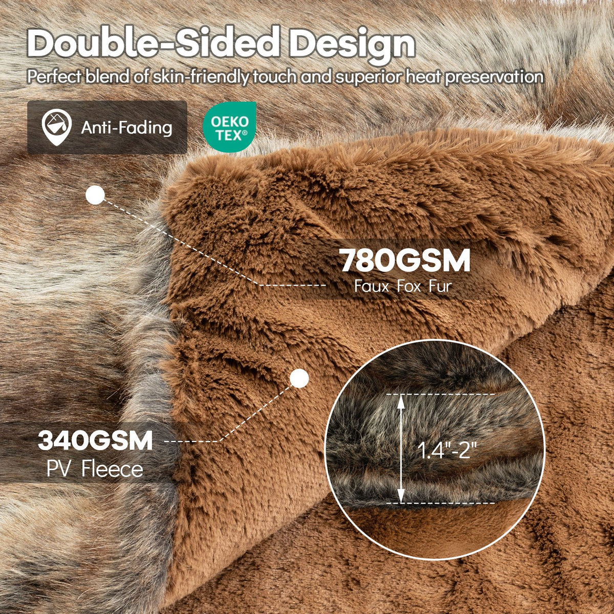 780GSM Soft Plush Fuzzy Luxury Faux Fox Fur Blanket for Sofa-Brown view 9