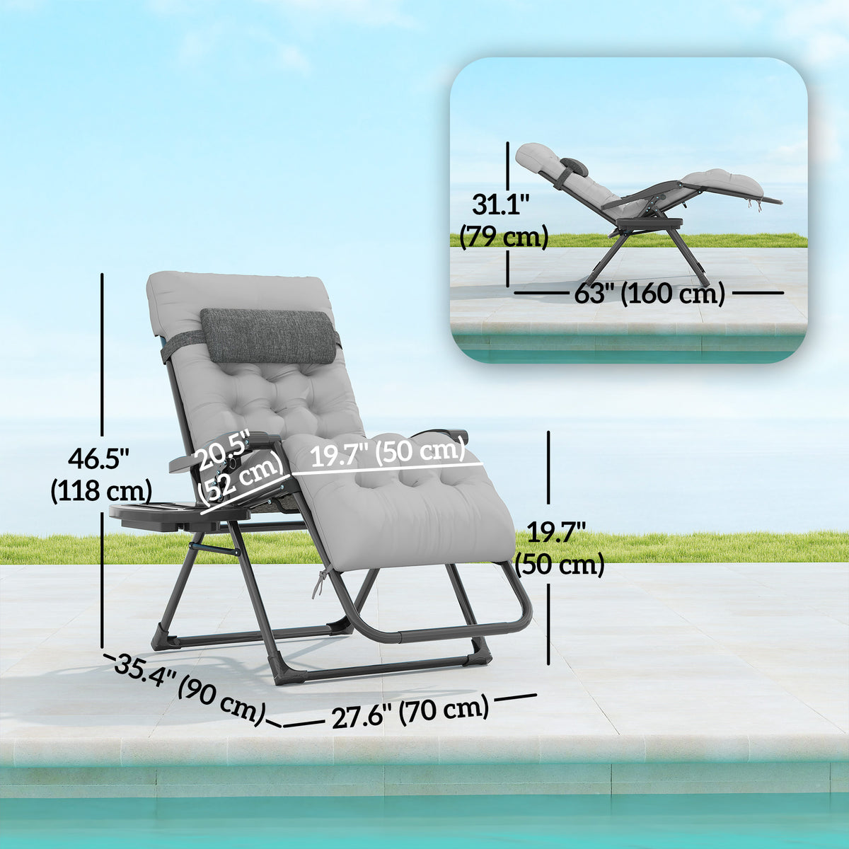 Padded Folding Recliner Chair, Patio Lounger with Cupholder, Adjustable Backrest, Removable Cushion, Black – view 9