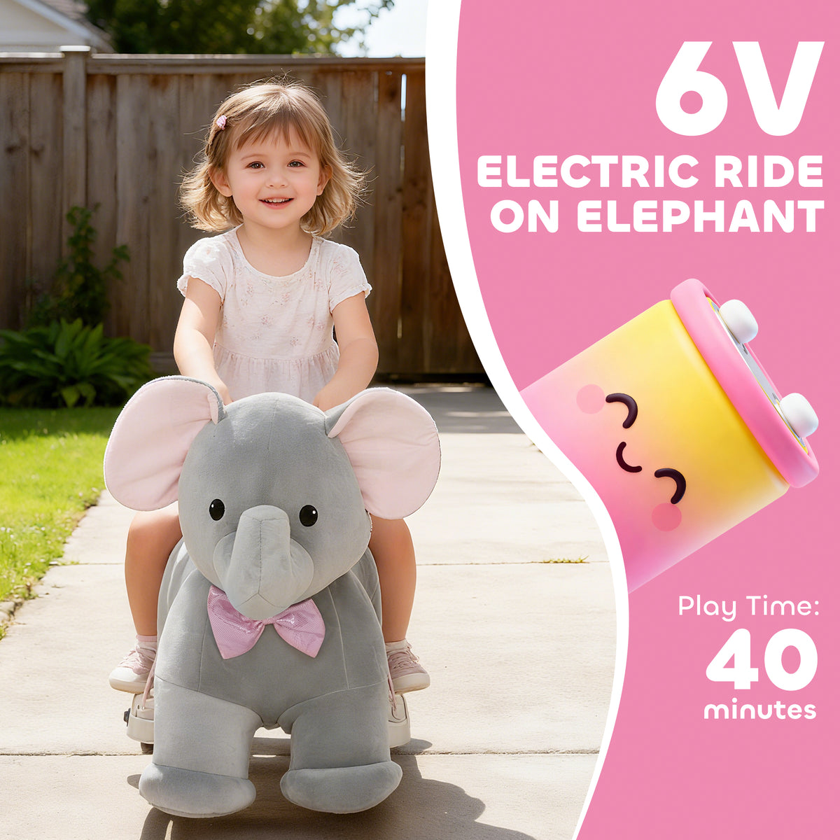 Qaba 6V Kids Ride on Toy, Ride on Horse Elephant with Music, Soft Touch, Silent PU Wheels, Forward, for 1.5-5 Years