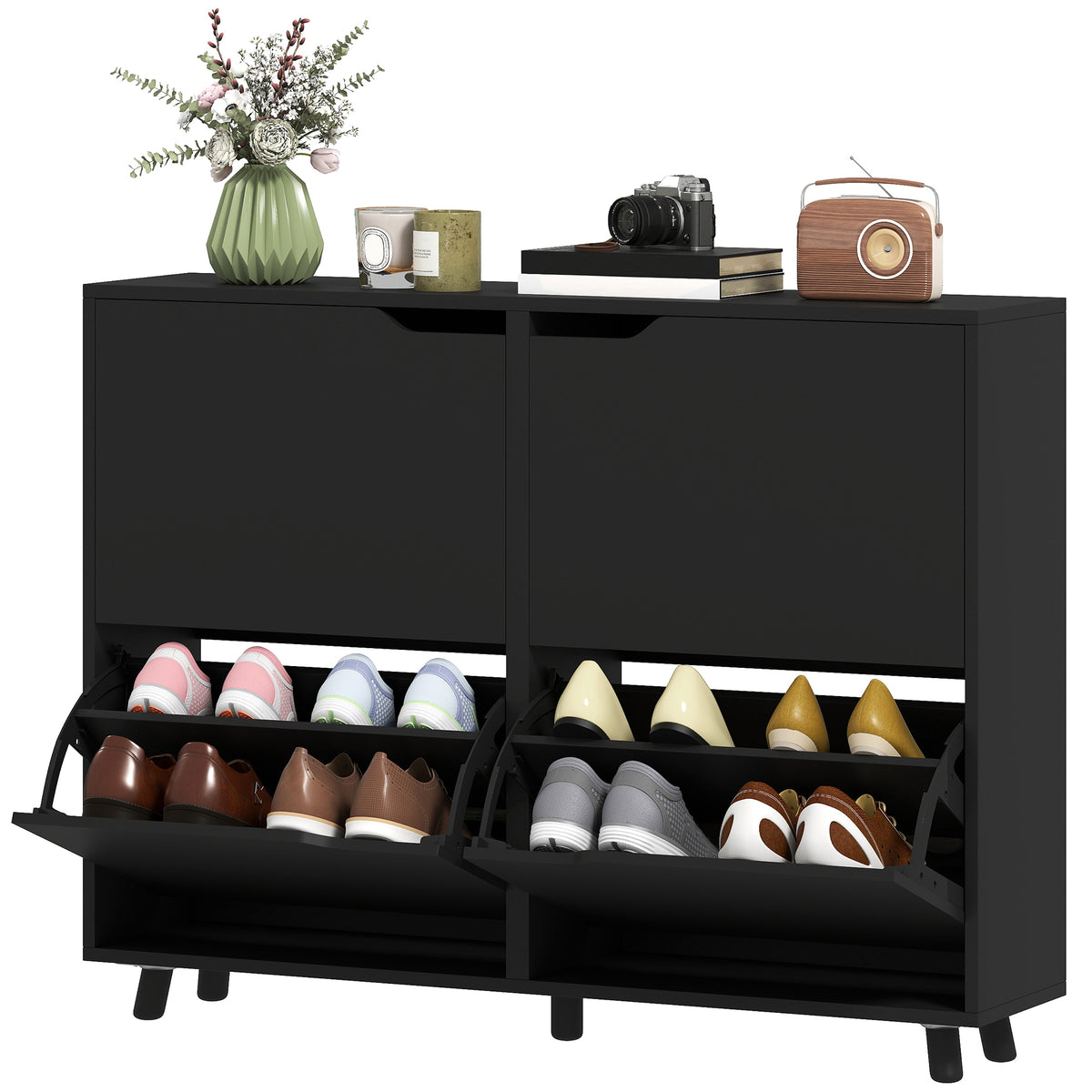 Narrow Shoe Cabinet, Shoe Storage Cabinet with 4 Flip Drawers and Adjustable Shelves for 16 Pairs of Shoes