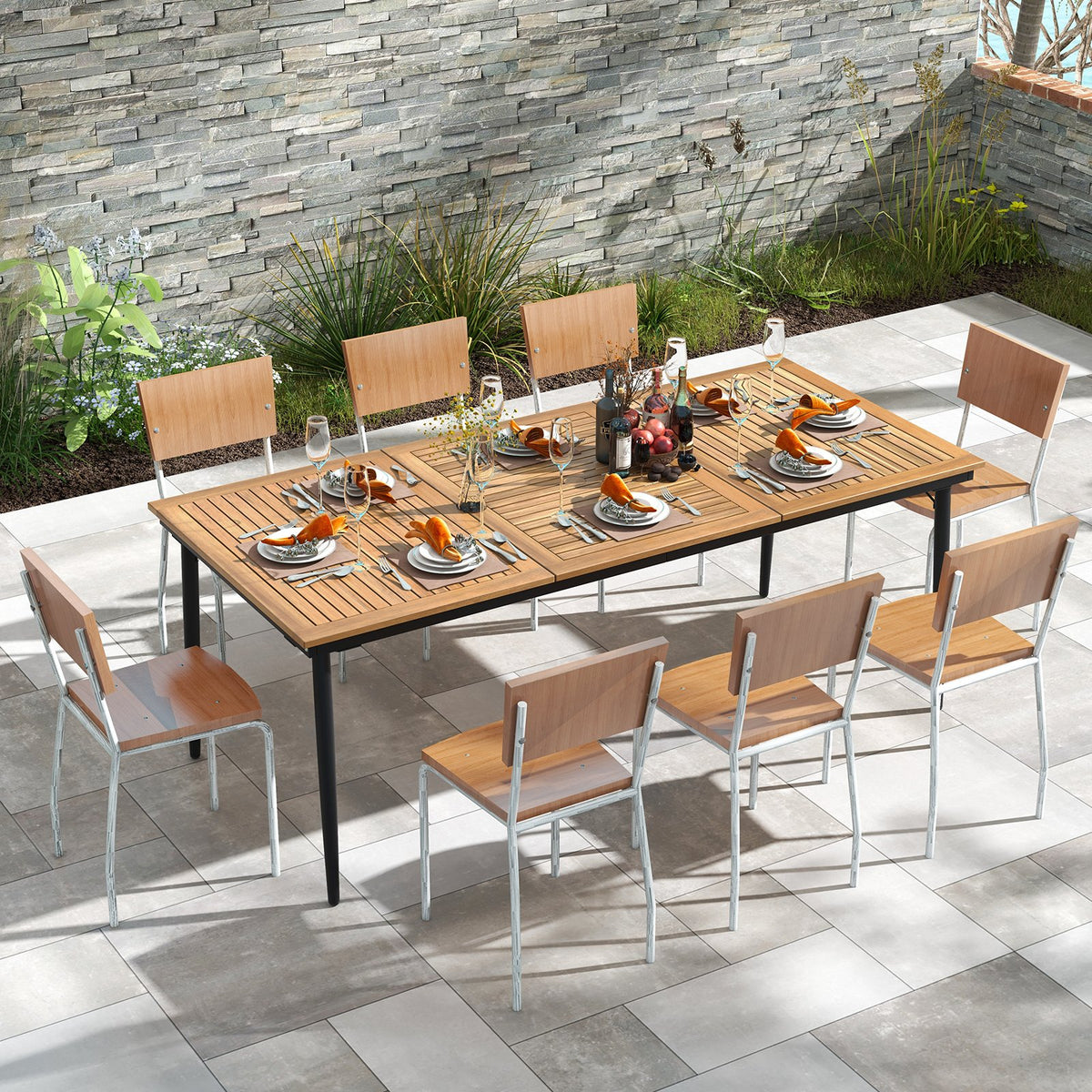 79 Inch Acacia Wood Outdoor Dining Table for 8 with 1.9 Inch Umbrella Hole view 2