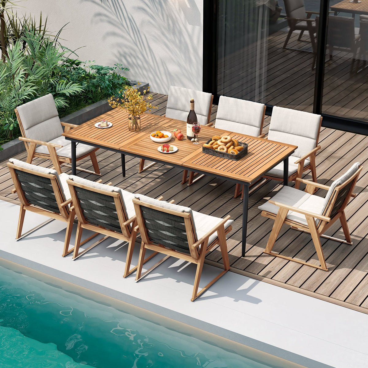 79 Inch Acacia Wood Outdoor Dining Table for 8 with 1.9 Inch Umbrella Hole view 3