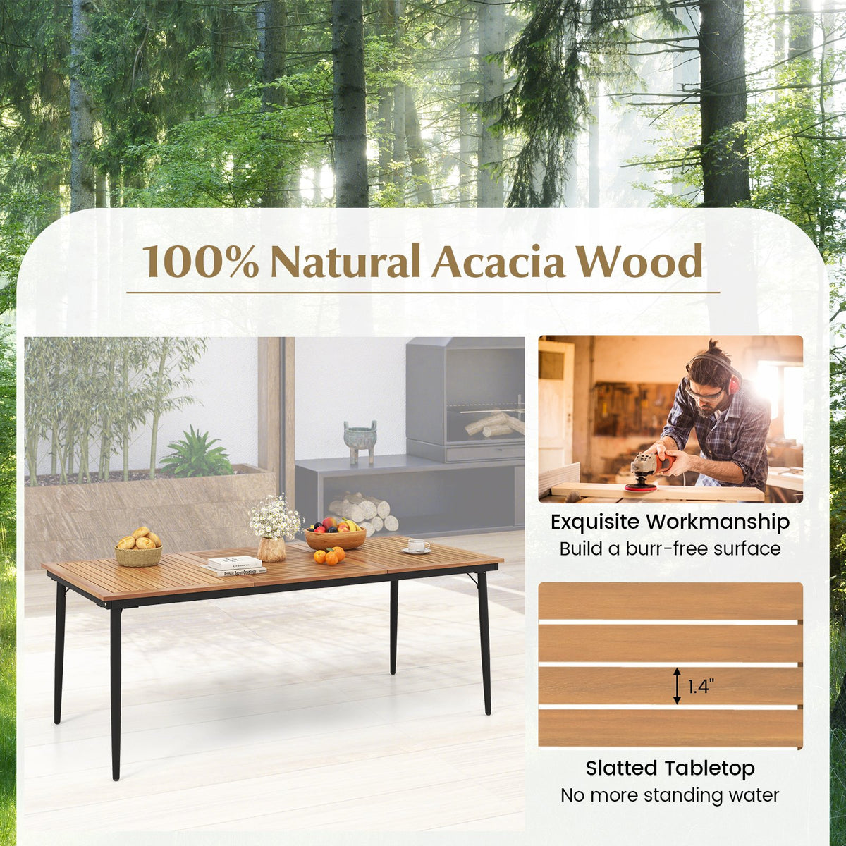 79 Inch Acacia Wood Outdoor Dining Table for 8 with 1.9 Inch Umbrella Hole view 7