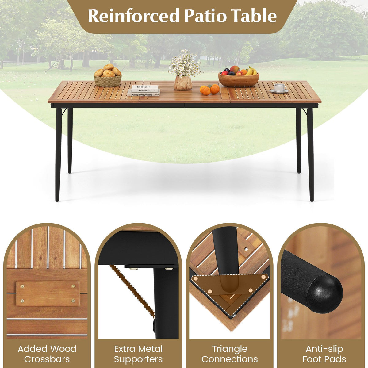 79 Inch Acacia Wood Outdoor Dining Table for 8 with 1.9 Inch Umbrella Hole view 9