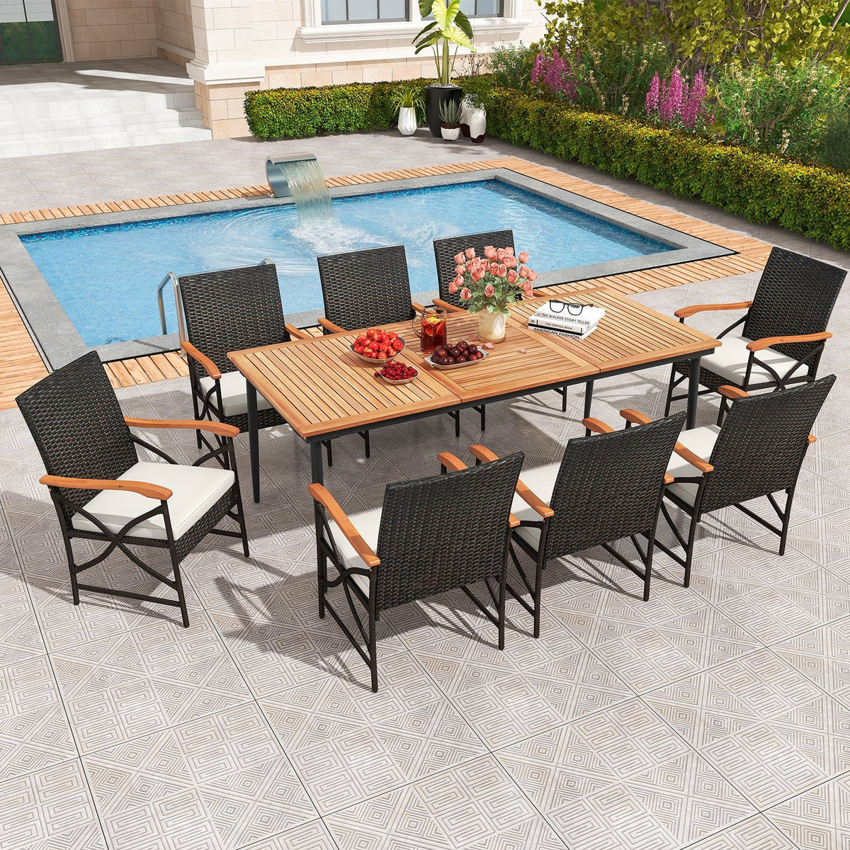 79 Inch Outdoor Acacia Wood Dining Table and 8 Rattan-woven Dining Chairs with Umbrella Hole view 2