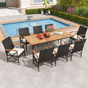 79 Inch Outdoor Acacia Wood Dining Table and 8 Rattan-woven Dining Chairs with Umbrella Hole view 2