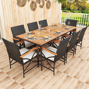 79 Inch Outdoor Acacia Wood Dining Table and 8 Rattan-woven Dining Chairs with Umbrella Hole view 3