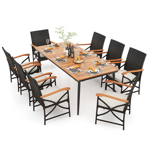 79 Inch Outdoor Acacia Wood Dining Table and 8 Rattan-woven Dining Chairs with Umbrella Hole view 4