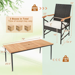 79 Inch Outdoor Acacia Wood Dining Table and 8 Rattan-woven Dining Chairs with Umbrella Hole view 5