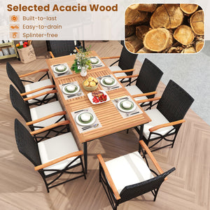 79 Inch Outdoor Acacia Wood Dining Table and 8 Rattan-woven Dining Chairs with Umbrella Hole view 6