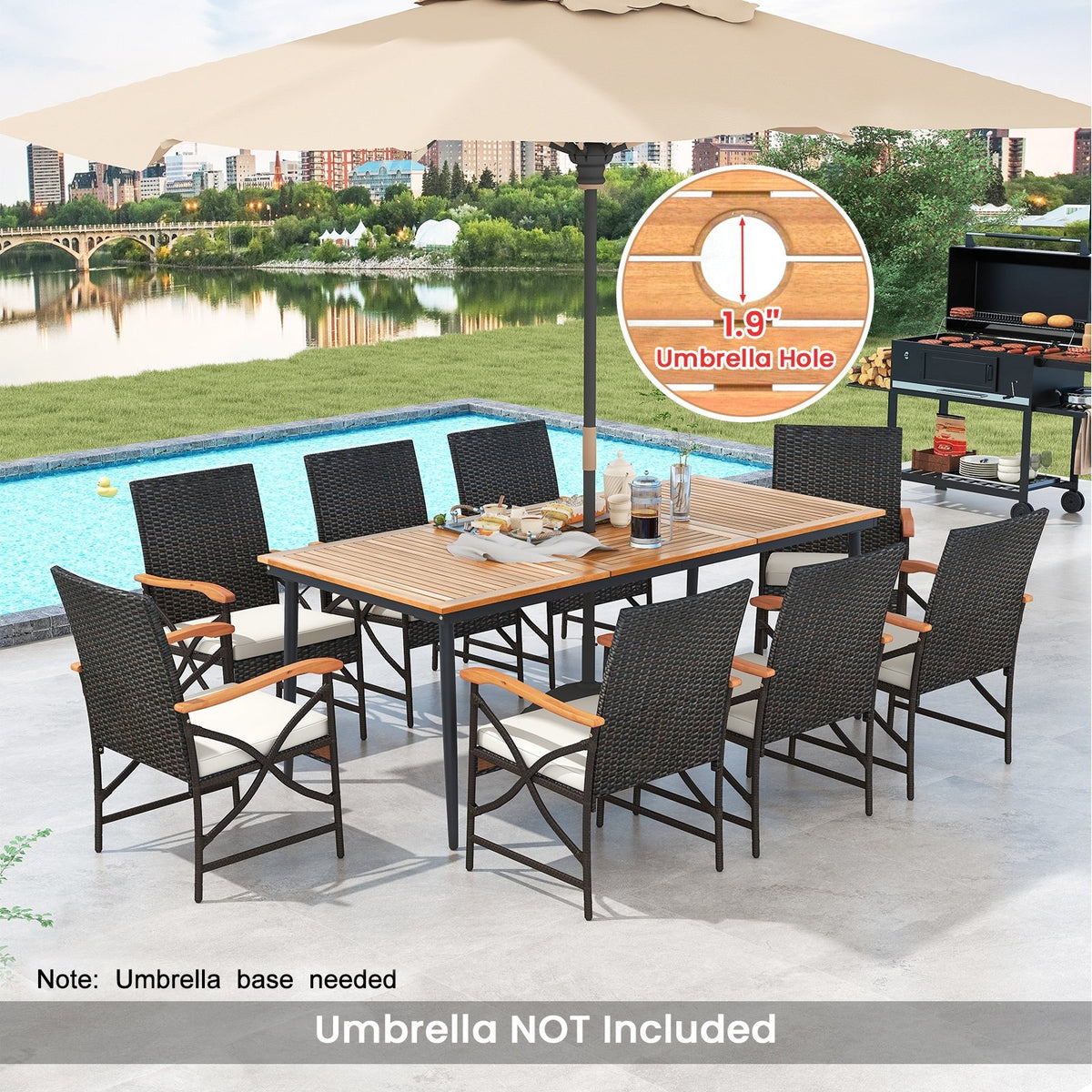 79 Inch Outdoor Acacia Wood Dining Table and 8 Rattan-woven Dining Chairs with Umbrella Hole view 7
