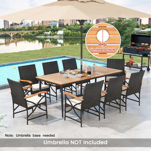 79 Inch Outdoor Acacia Wood Dining Table and 8 Rattan-woven Dining Chairs with Umbrella Hole view 7