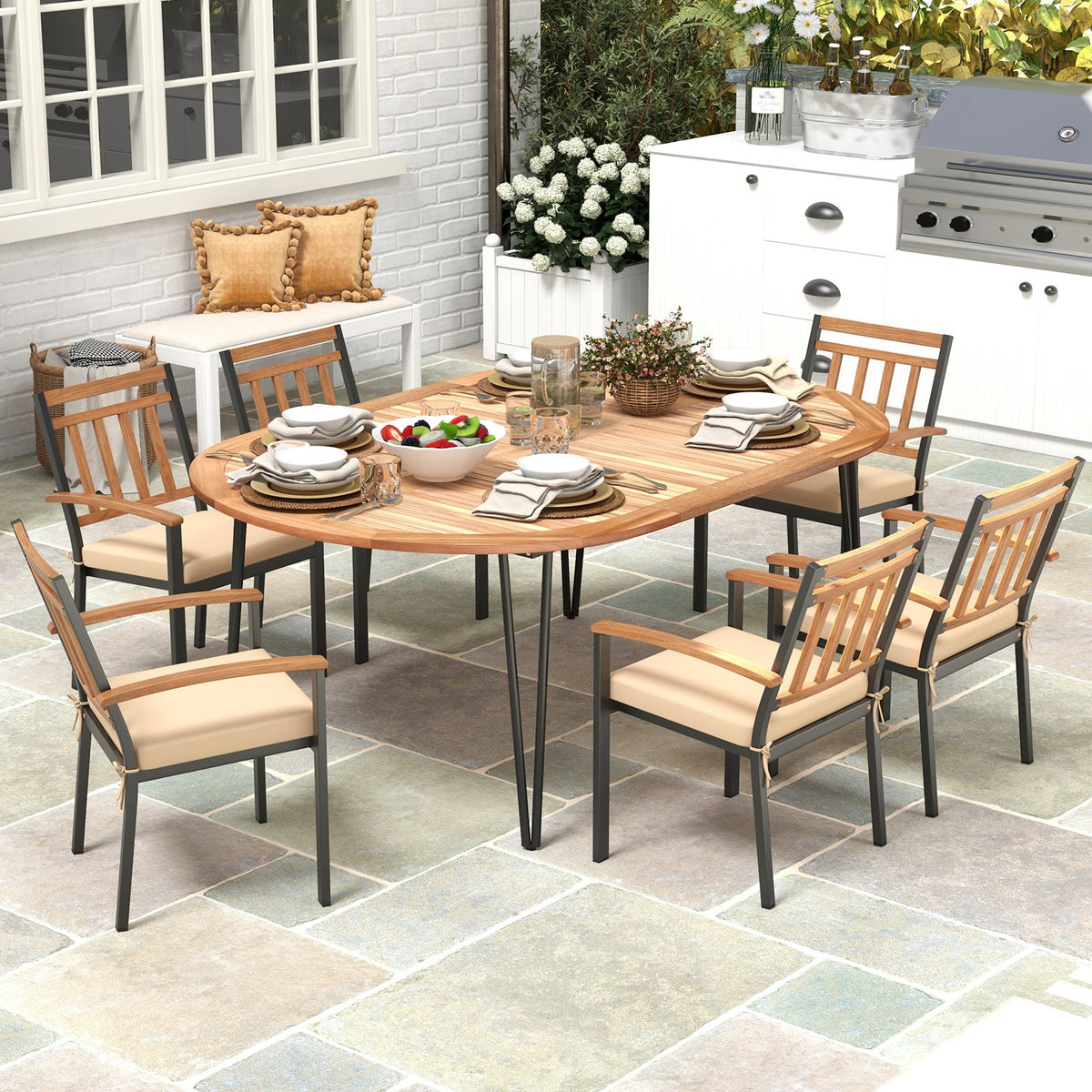 79 Inch Oval Patio Dining Table with Umbrella Hole and Acacia Wood Tabletop for 8 People view 2