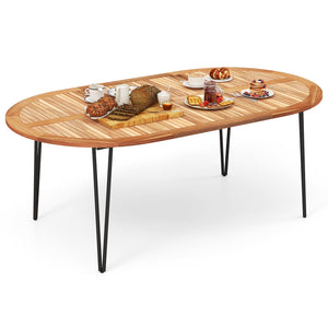 79 Inch Oval Patio Dining Table with Umbrella Hole and Acacia Wood Tabletop for 8 People view 4