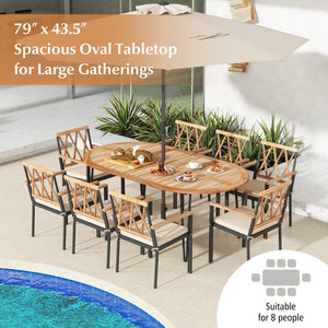 79 Inch Oval Patio Dining Table with Umbrella Hole and Acacia Wood Tabletop for 8 People view 6