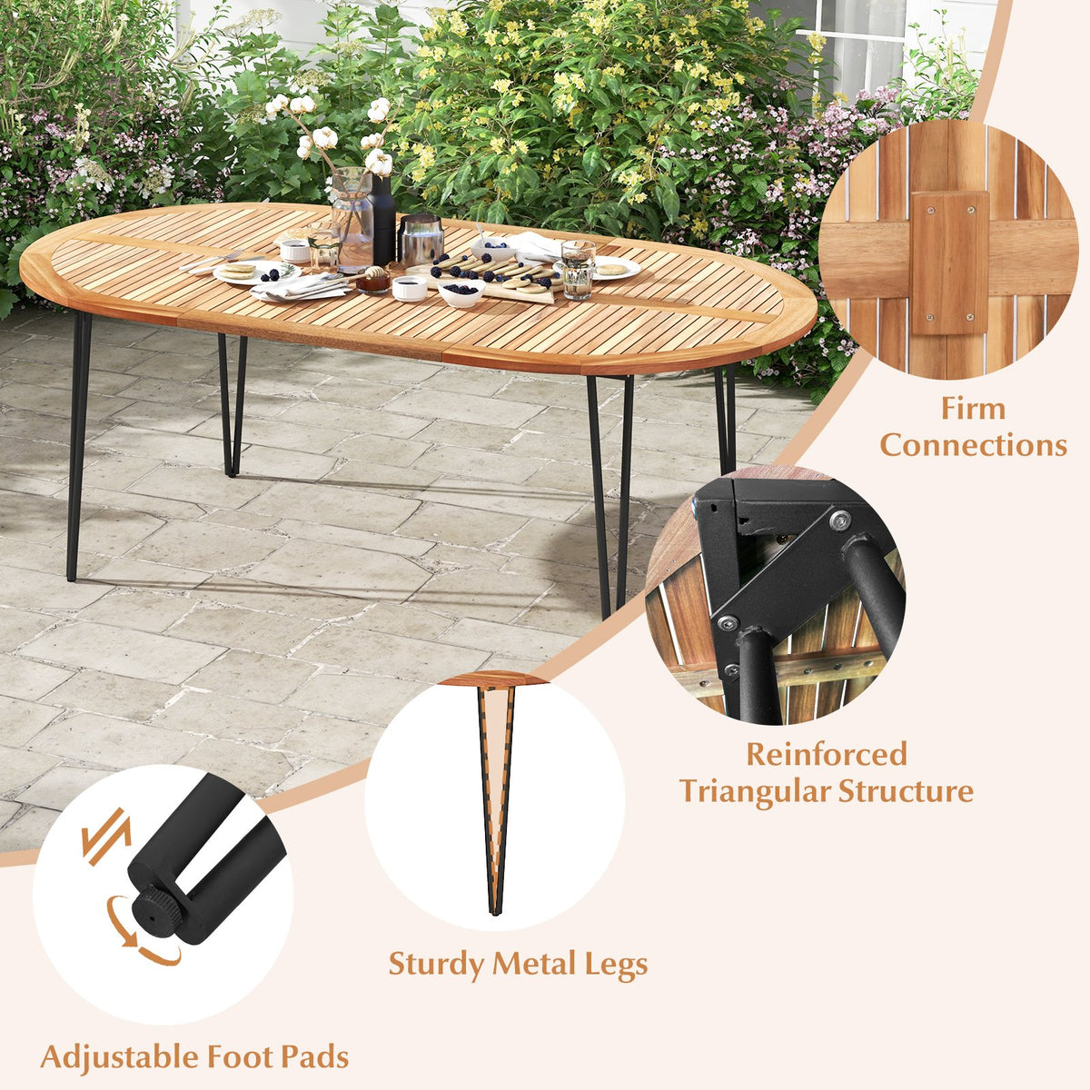 79 Inch Oval Patio Dining Table with Umbrella Hole and Acacia Wood Tabletop for 8 People view 7