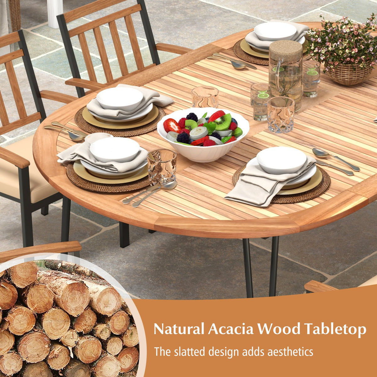 79 Inch Oval Patio Dining Table with Umbrella Hole and Acacia Wood Tabletop for 8 People view 8