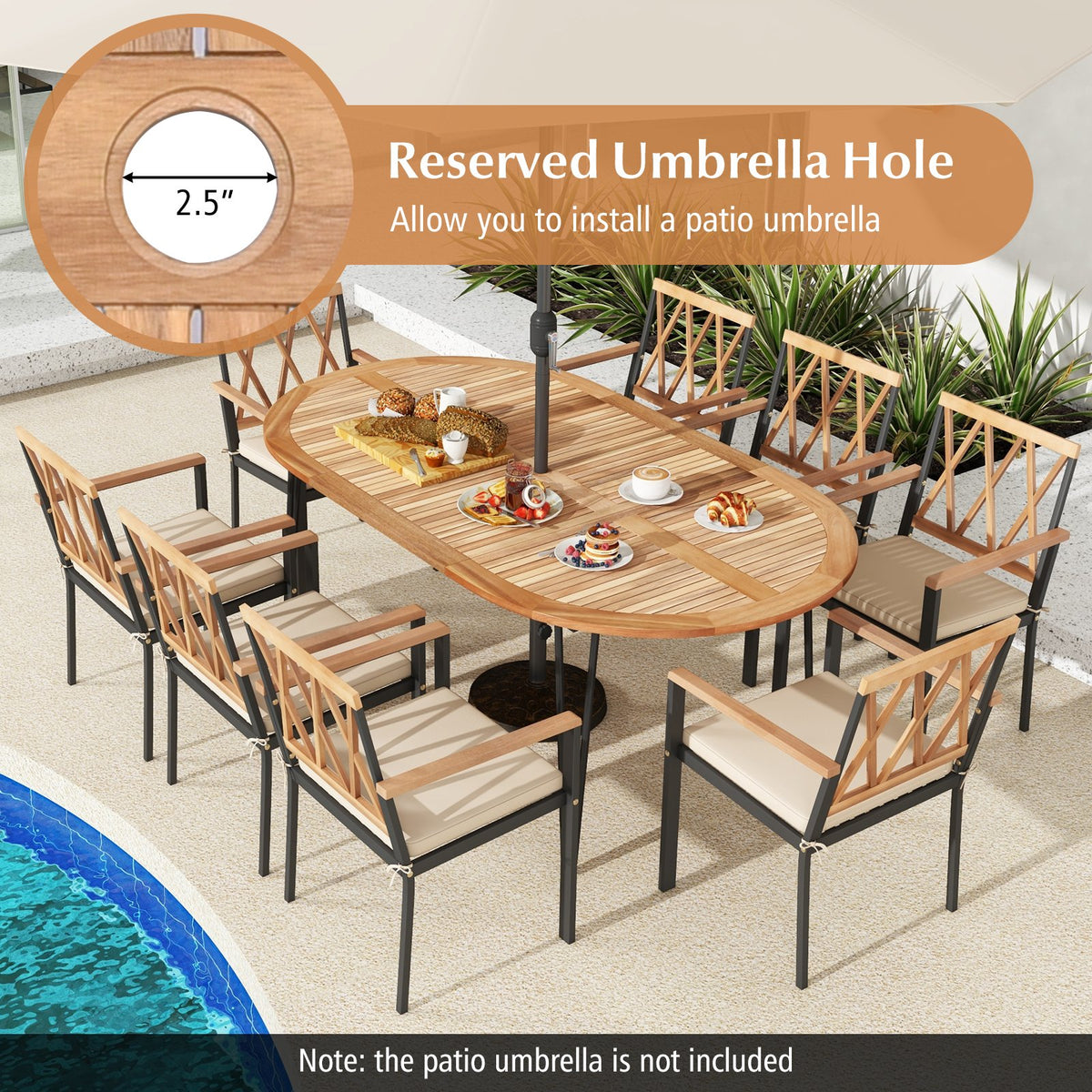 79 Inch Oval Patio Dining Table with Umbrella Hole and Acacia Wood Tabletop for 8 People view 9