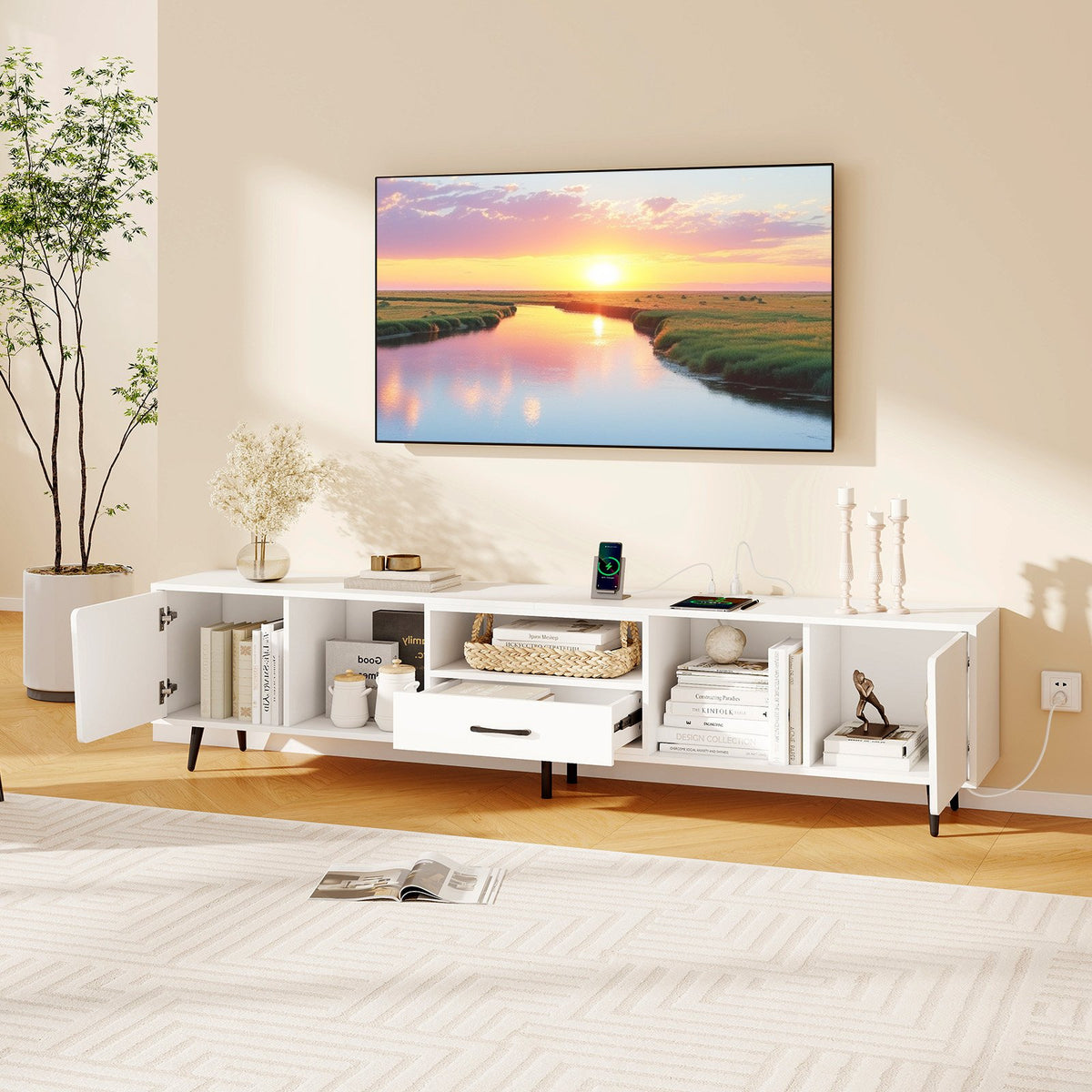 79 inches TV Stand for TVs up to 90 Inches Entertainment Center Wood Media Console Table Modern Mid Century TV Cabinet-White view 2