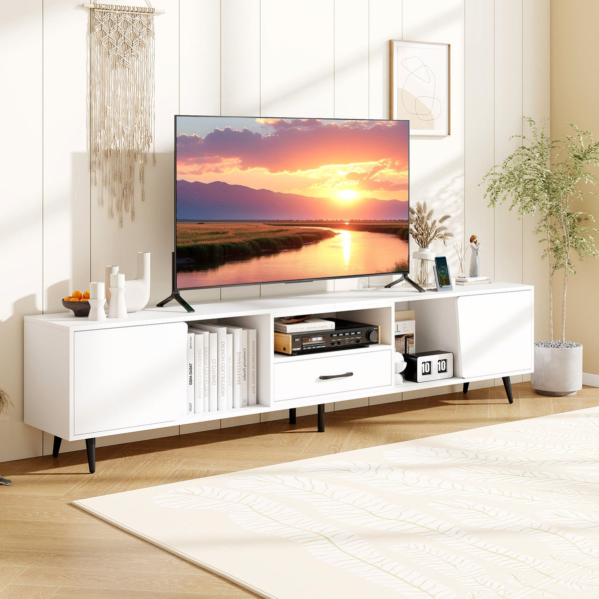 79 inches TV Stand for TVs up to 90 Inches Entertainment Center Wood Media Console Table Modern Mid Century TV Cabinet-White view 3