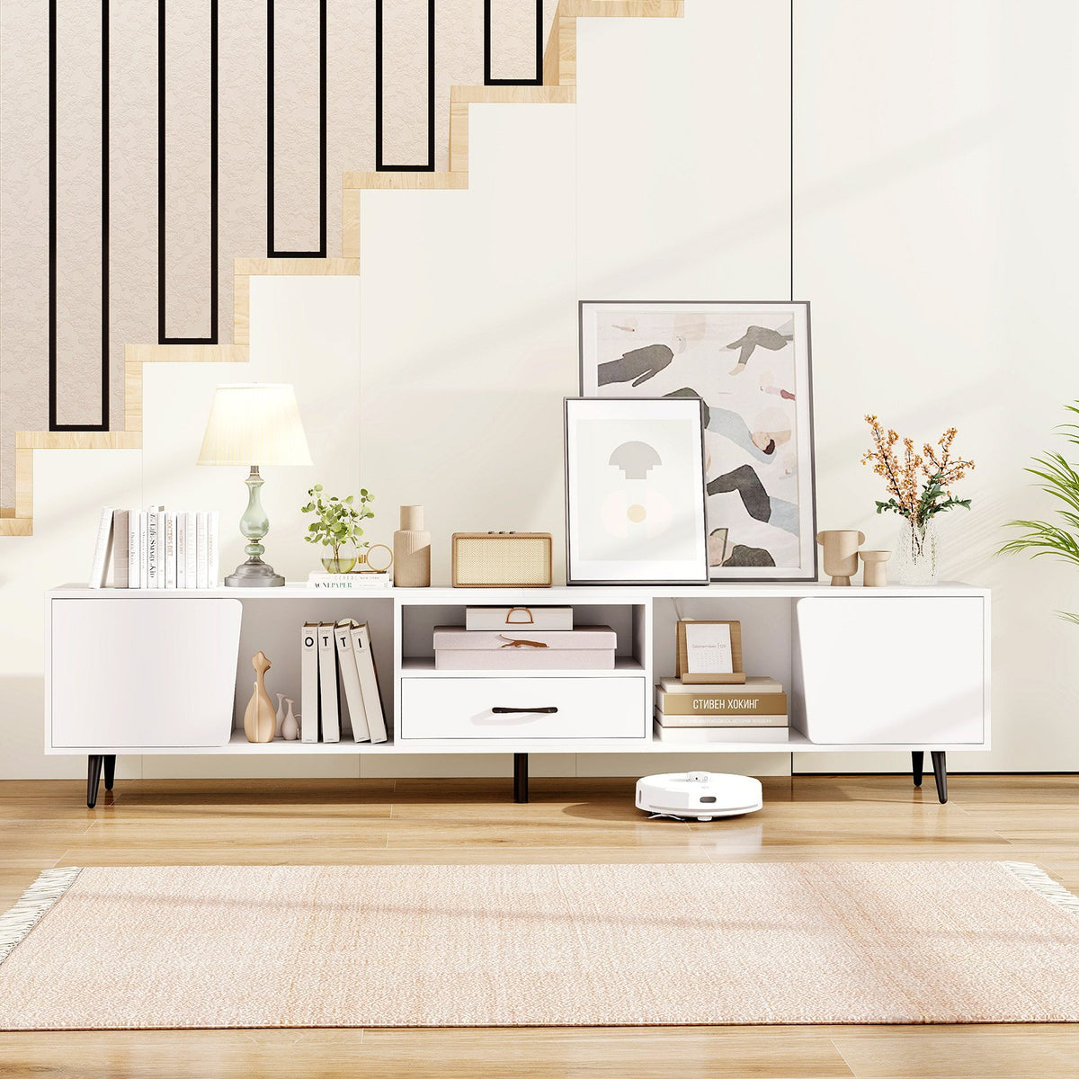 79 inches TV Stand for TVs up to 90 Inches Entertainment Center Wood Media Console Table Modern Mid Century TV Cabinet-White view 6
