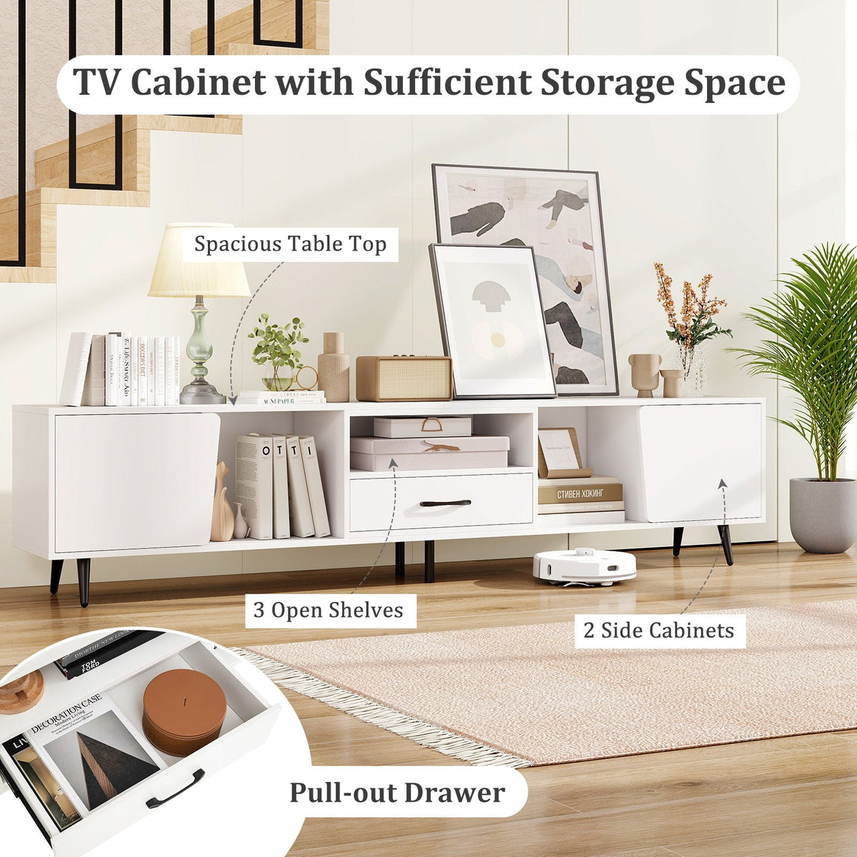 79 inches TV Stand for TVs up to 90 Inches Entertainment Center Wood Media Console Table Modern Mid Century TV Cabinet-White view 7