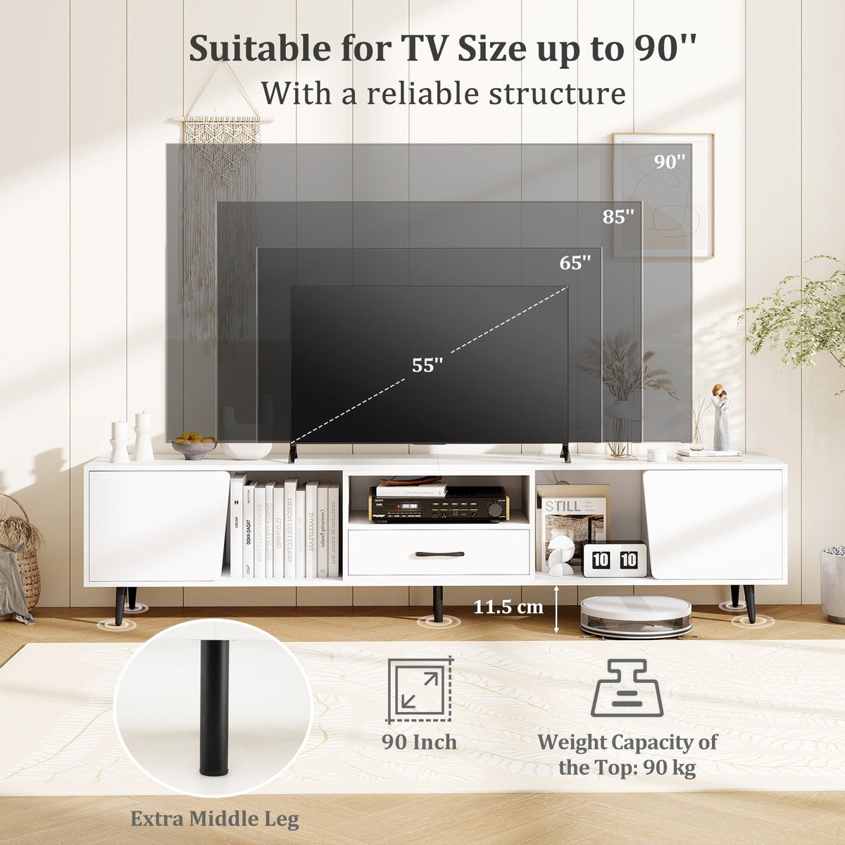 79 inches TV Stand for TVs up to 90 Inches Entertainment Center Wood Media Console Table Modern Mid Century TV Cabinet-White view 9